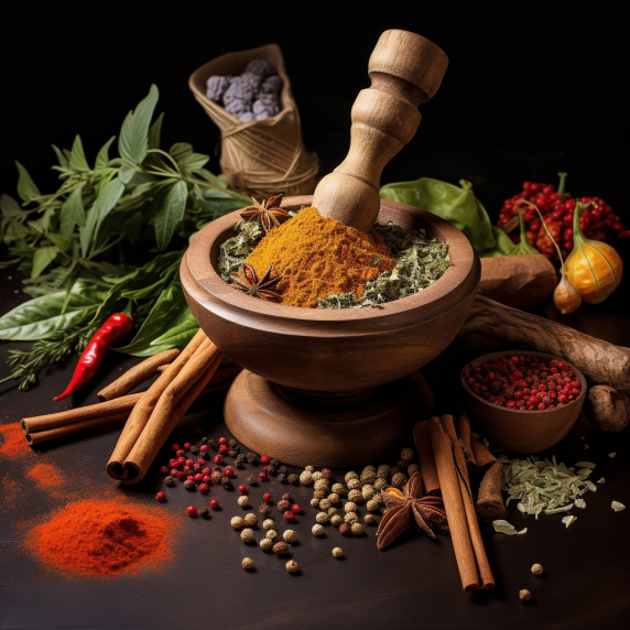 pic of spices, vegetables, and a mortar and pestle