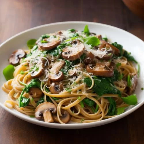 Plant Powered Meats Visual Representation of Mushroom and Spinach Pasta