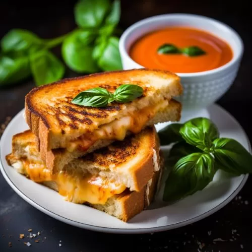 Plant Powered Meats Visual Representation of Tomato Basil Soup with Grilled Cheese